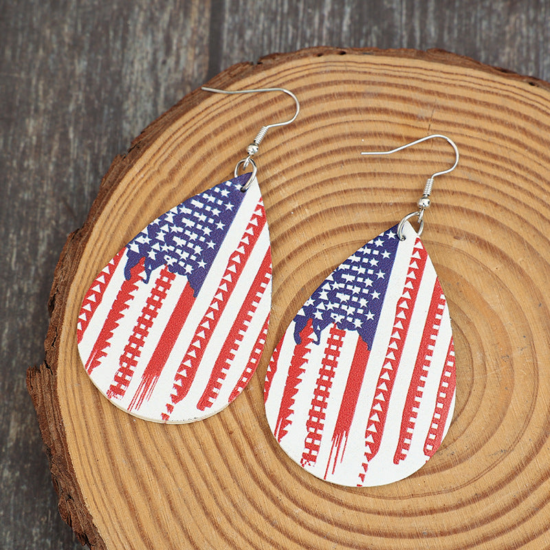 PU Leather US Flag Teardrop Shape Earrings